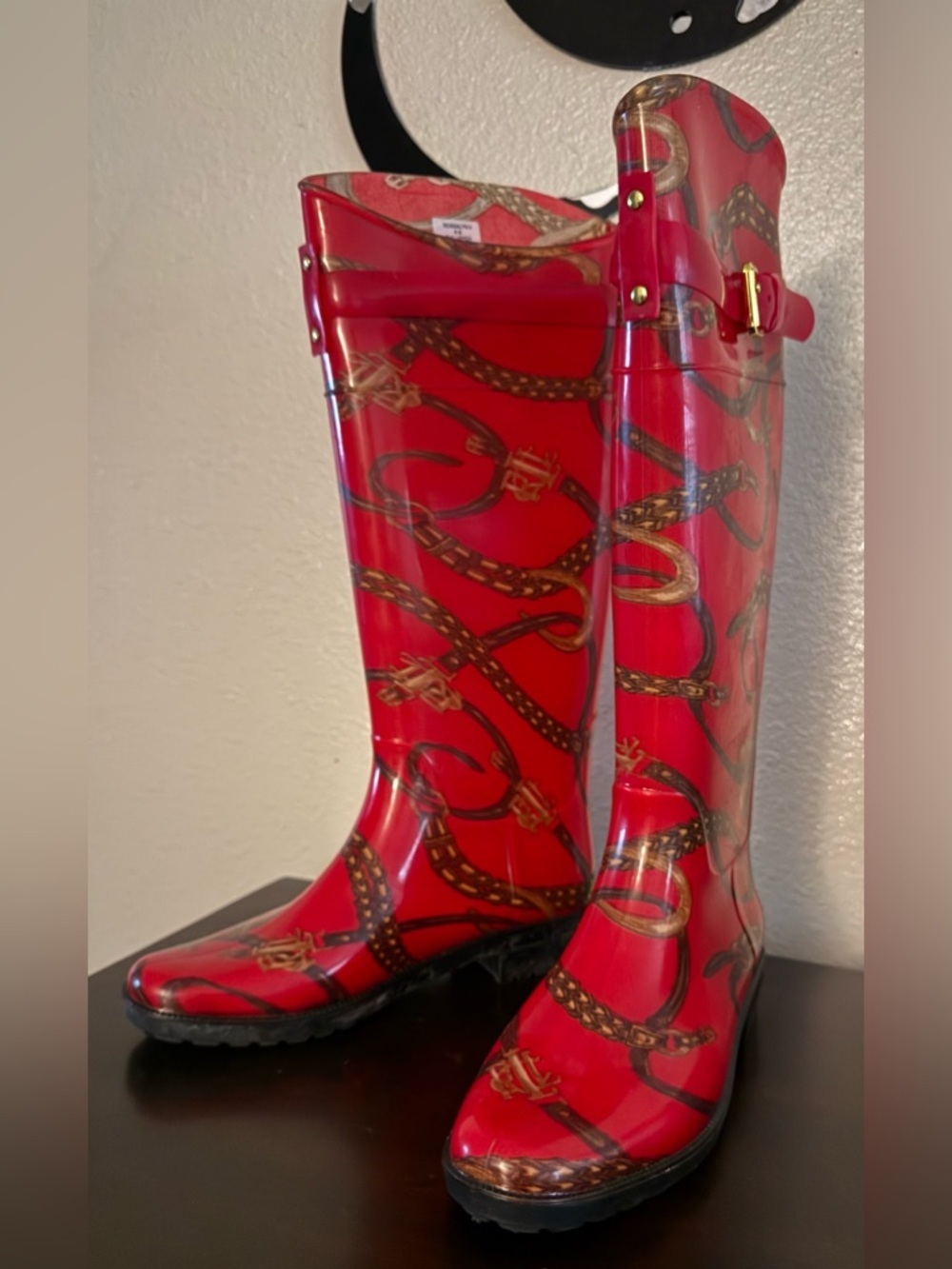 Lauren Ralph Lauren Rossalyn II Red Chain Print Rain Boots | Equestrian Style - Picture 2 of 8